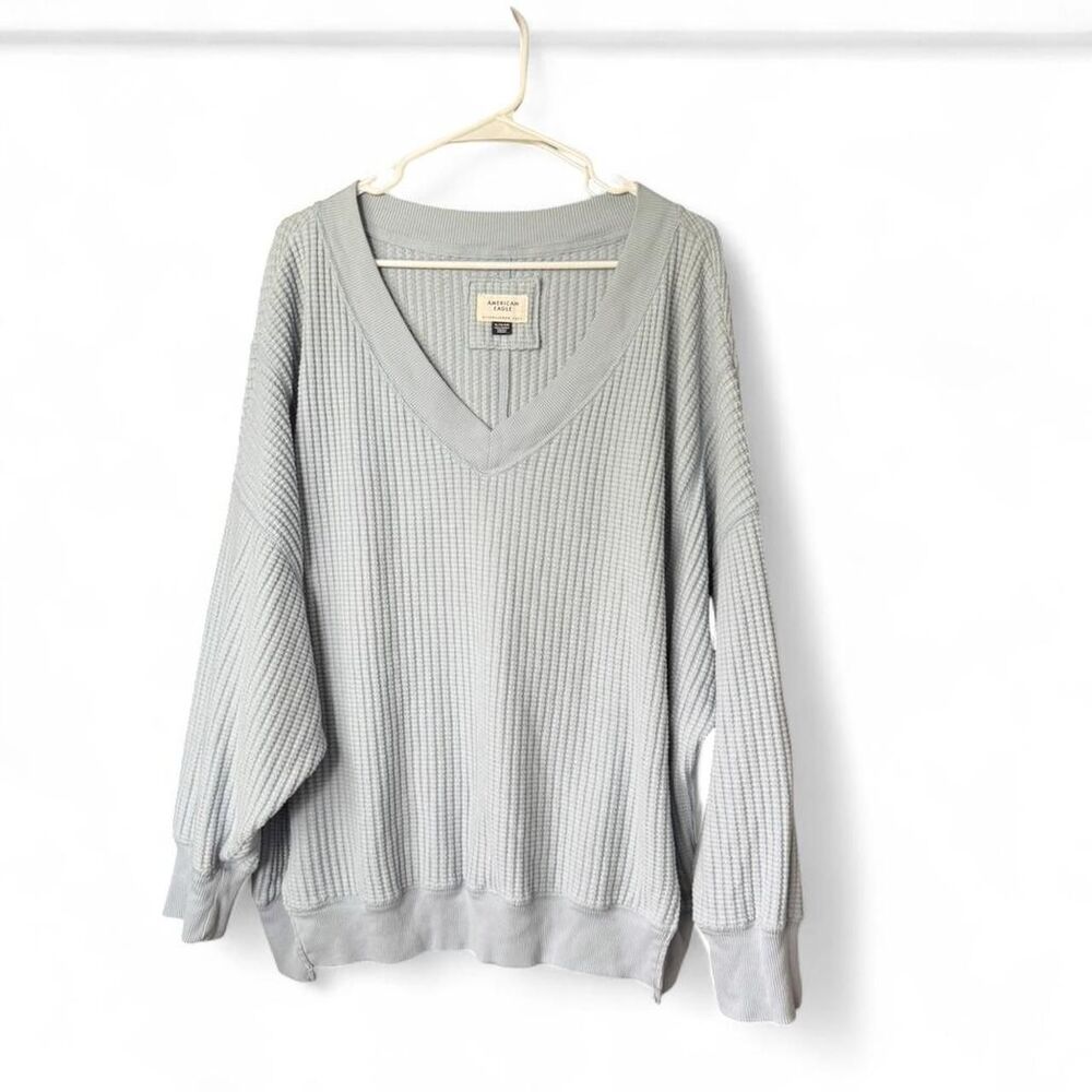 American Eagle Oversized Waffle Knit V-Neck Pullover Sweatshirt Light Blue XL